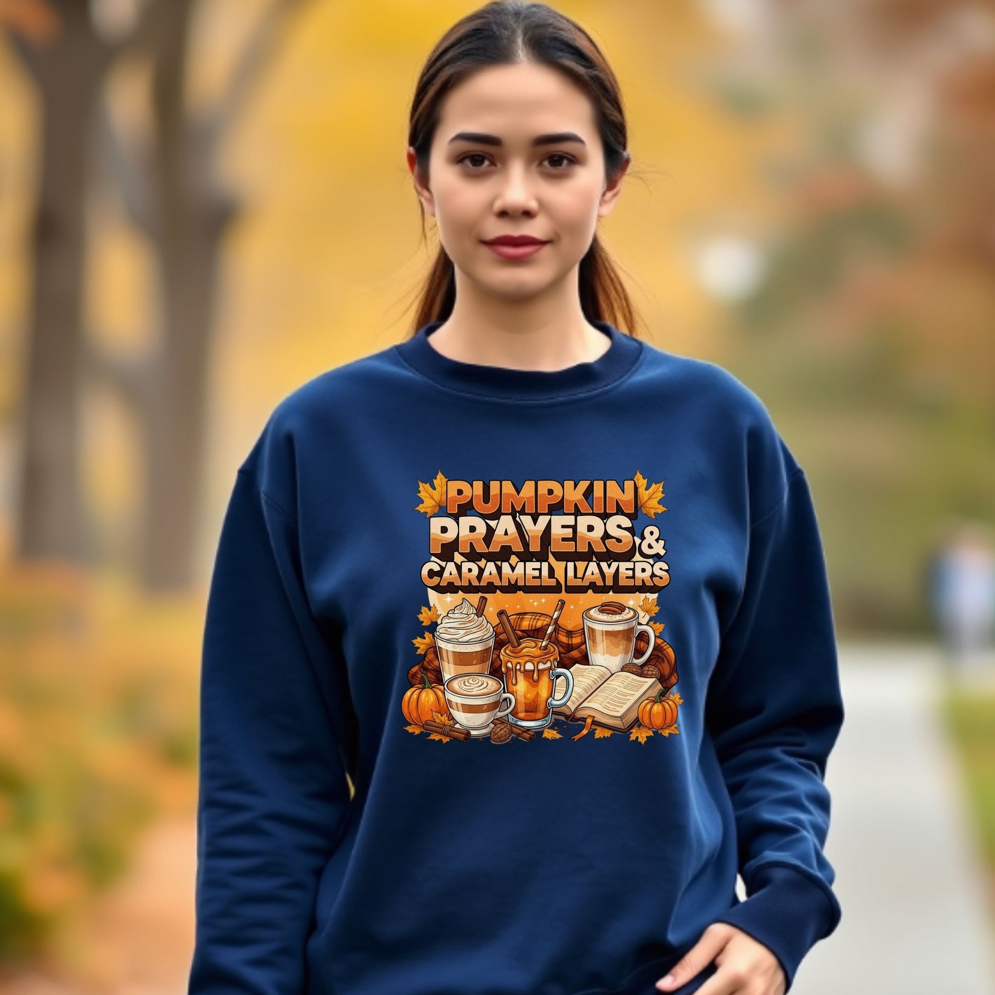 Pumpkin Prayers & Caramel Layers Crewneck Sweatshirt – Cozy Fall Coffee & Faith Pullover - Designs By Dice