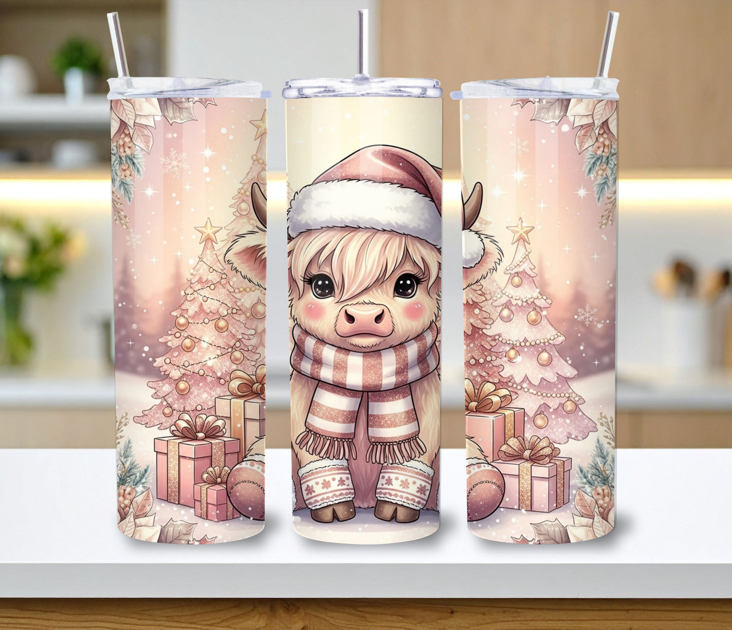 Pink Christmas Highland Cow Tumbler