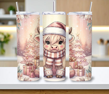Pink Christmas Highland Cow Tumbler