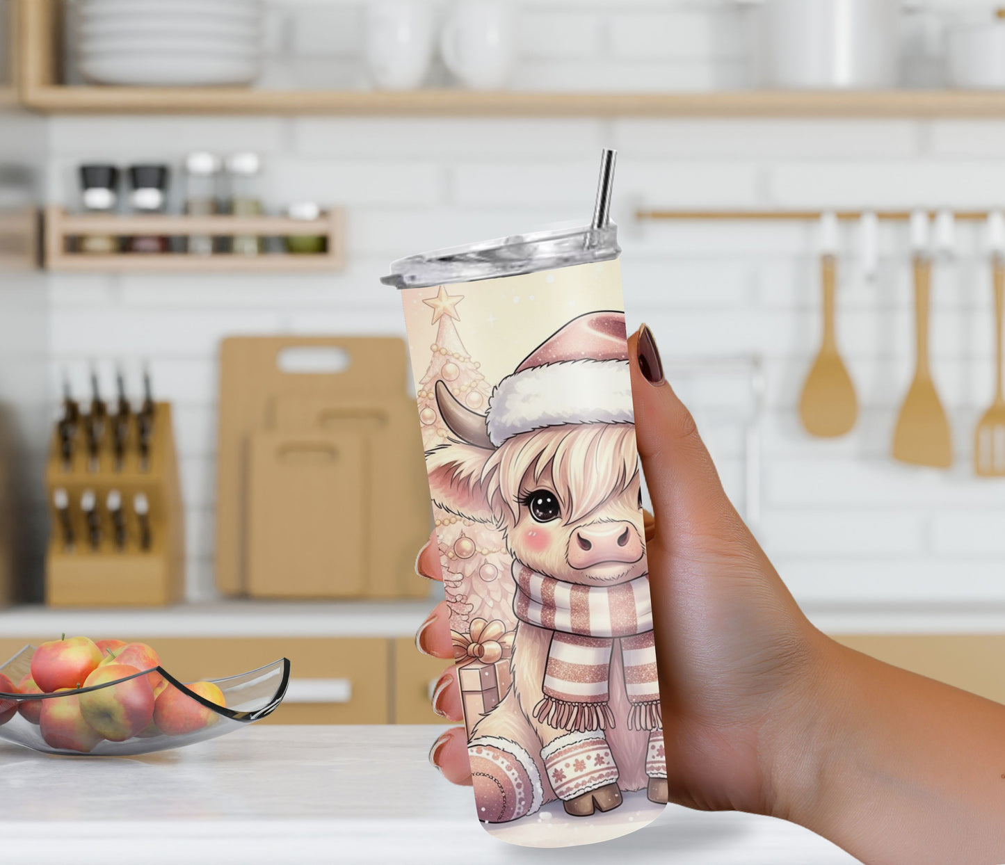 Pink Christmas Highland Cow Tumbler