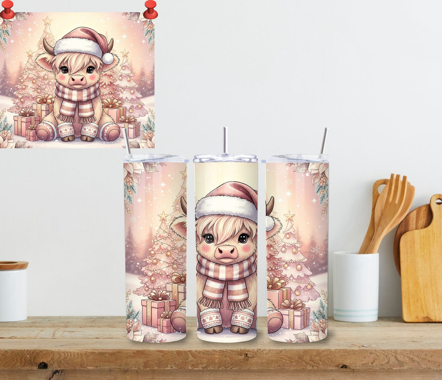 Pink Christmas Highland Cow Tumbler