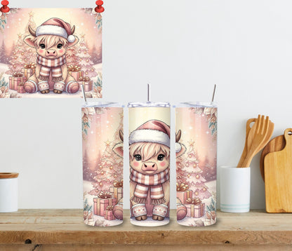 Pink Christmas Highland Cow Tumbler