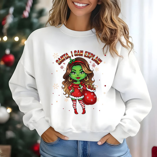 Funny Christmas Crewneck Sweatshirt - Santa I Can Explain | Grinch Girl Holiday Sweater