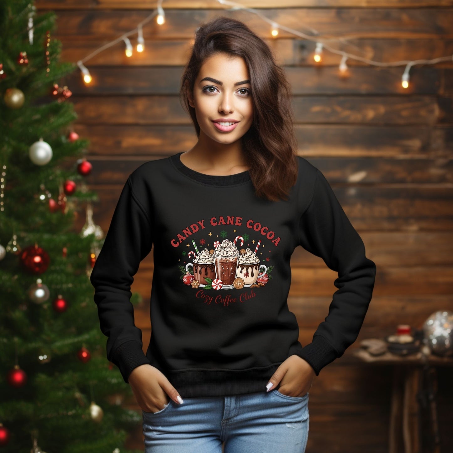 Candy Cane Cocoa Cozy Coffee Club Crewneck Sweatshirt – Festive Holiday Peppermint Lovers Sweater