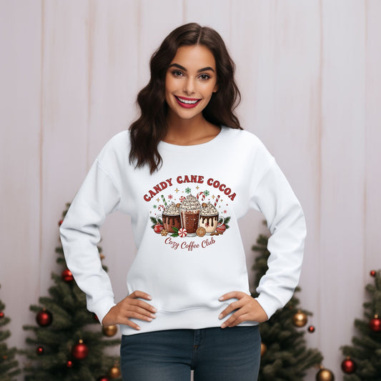 Candy Cane Cocoa Cozy Coffee Club Crewneck Sweatshirt – Festive Holiday Peppermint Lovers Sweater