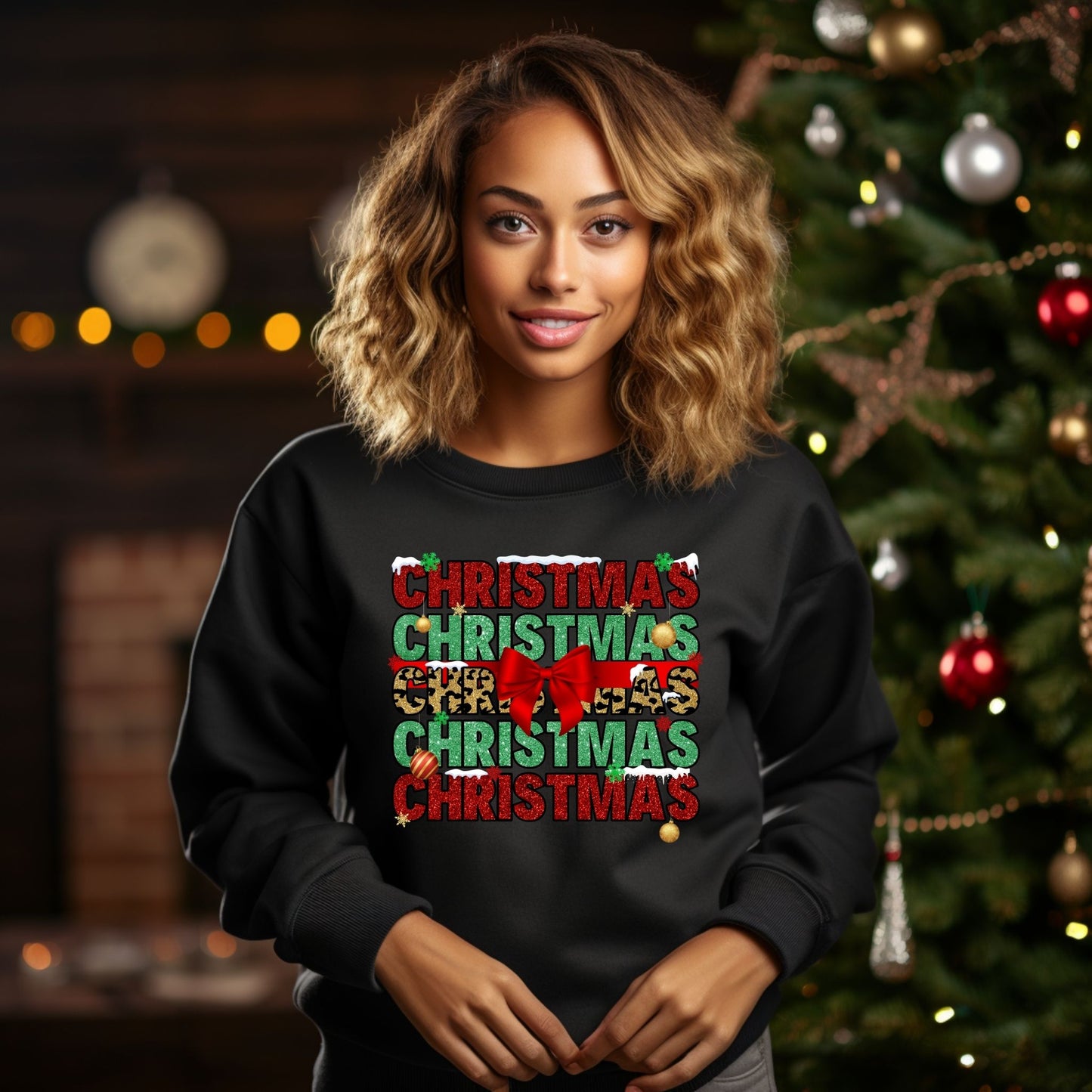 Christmas Crewneck Sweatshirt – Festive Holiday Bow & Glitter Text Sweater