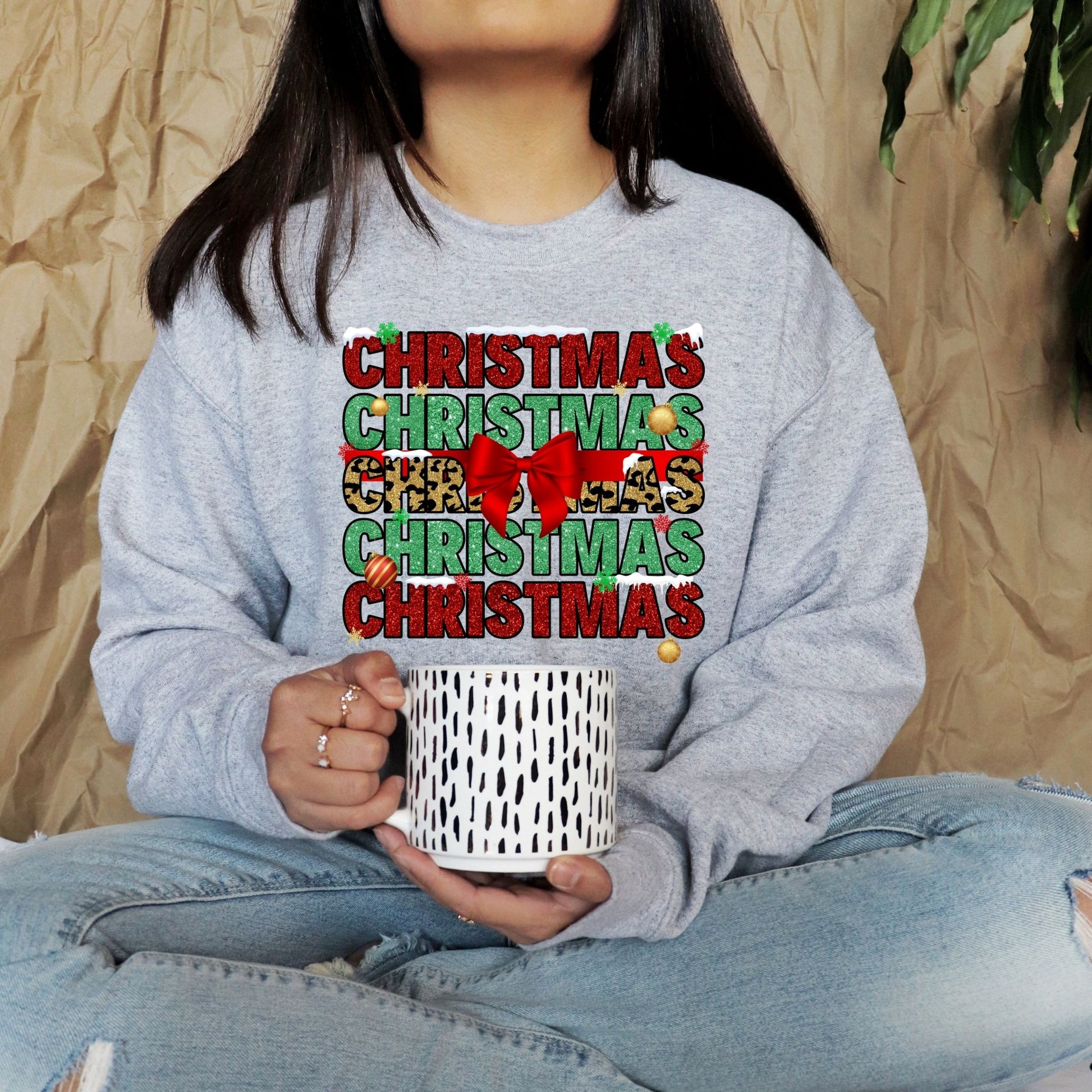 Christmas Crewneck Sweatshirt – Festive Holiday Bow & Glitter Text Sweater - Designs By Dice