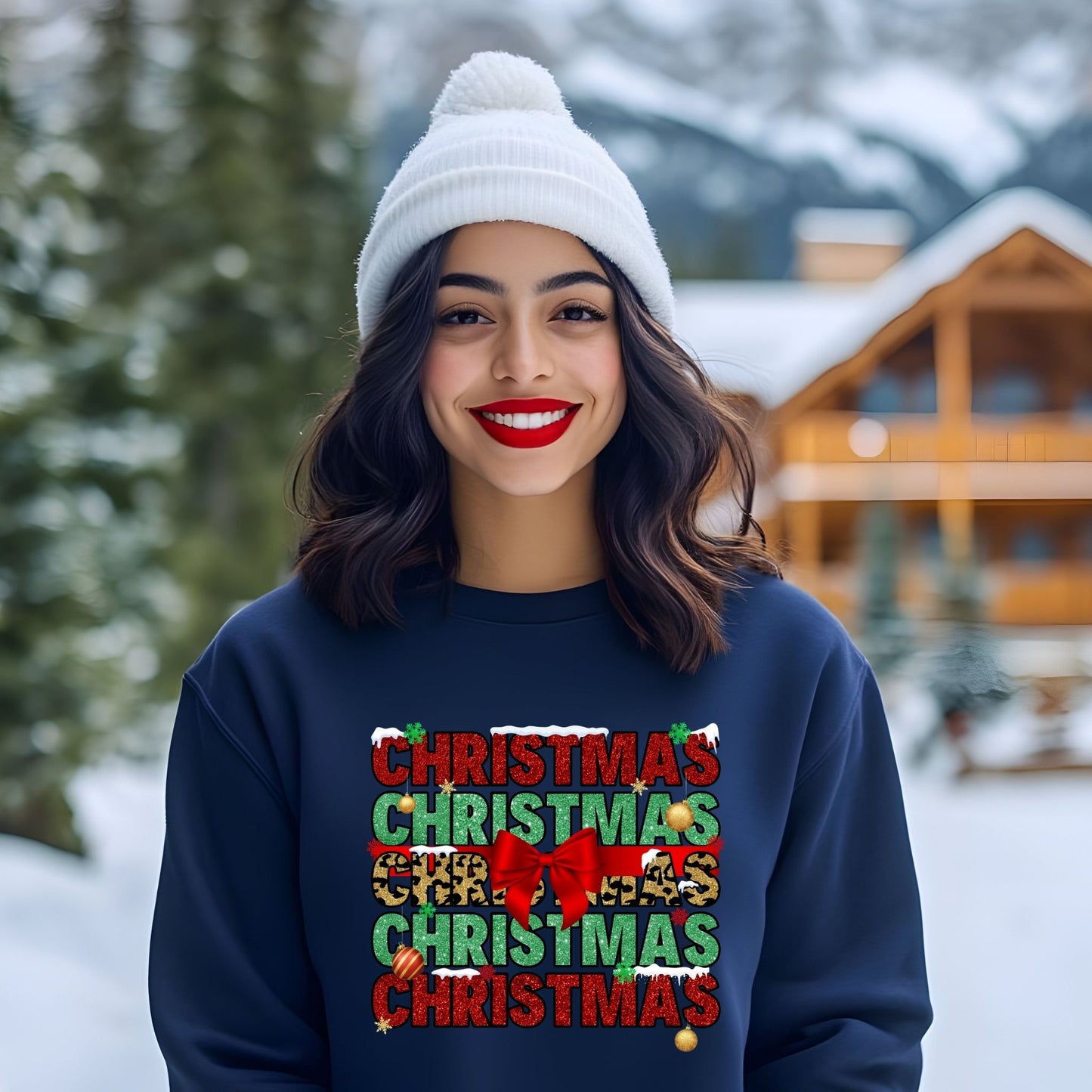 Christmas Crewneck Sweatshirt – Festive Holiday Bow & Glitter Text Sweater