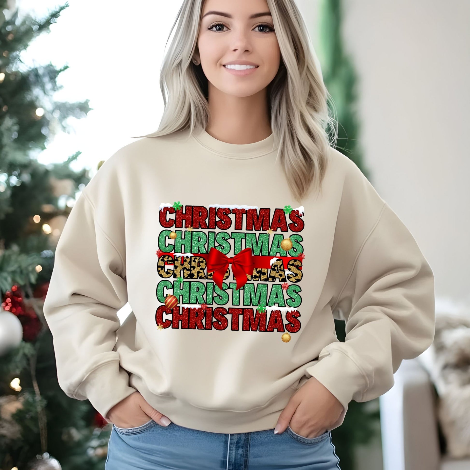 Christmas Crewneck Sweatshirt – Festive Holiday Bow & Glitter Text Sweater - Designs By Dice