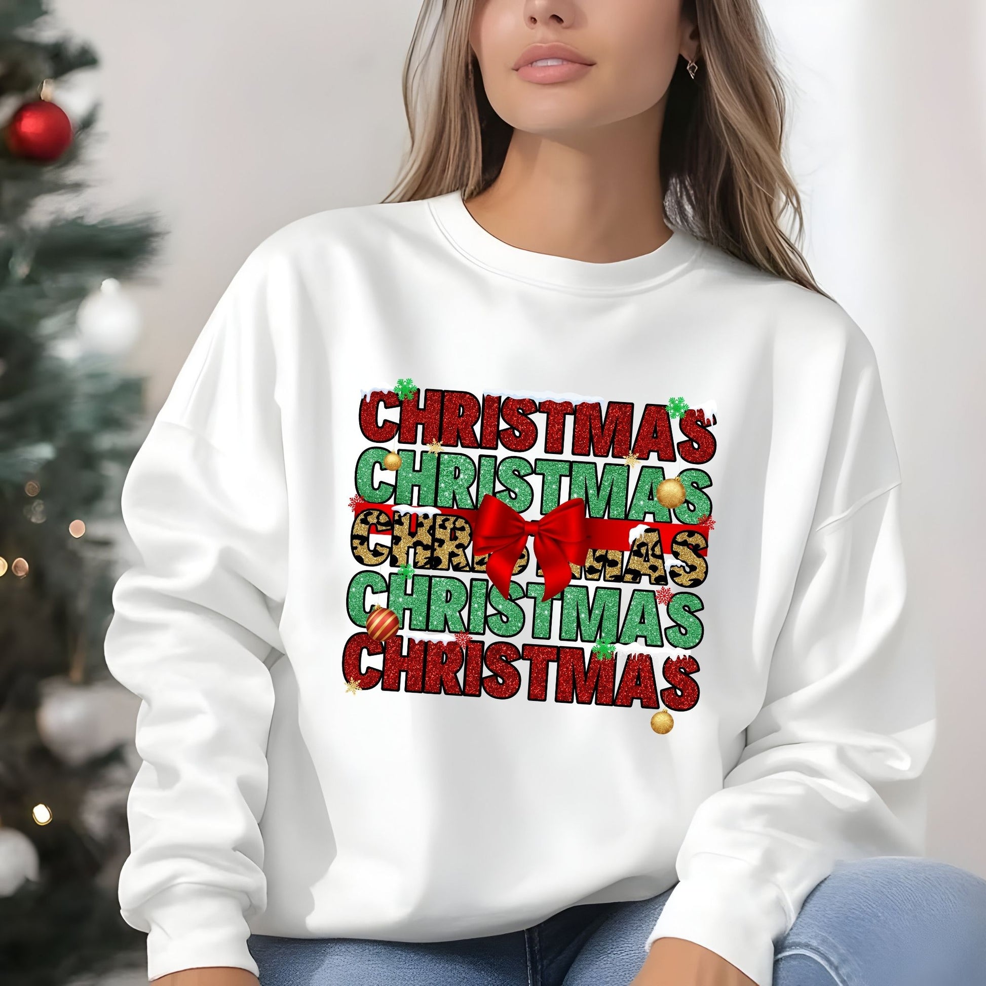 Christmas Crewneck Sweatshirt – Festive Holiday Bow & Glitter Text Sweater - Designs By Dice