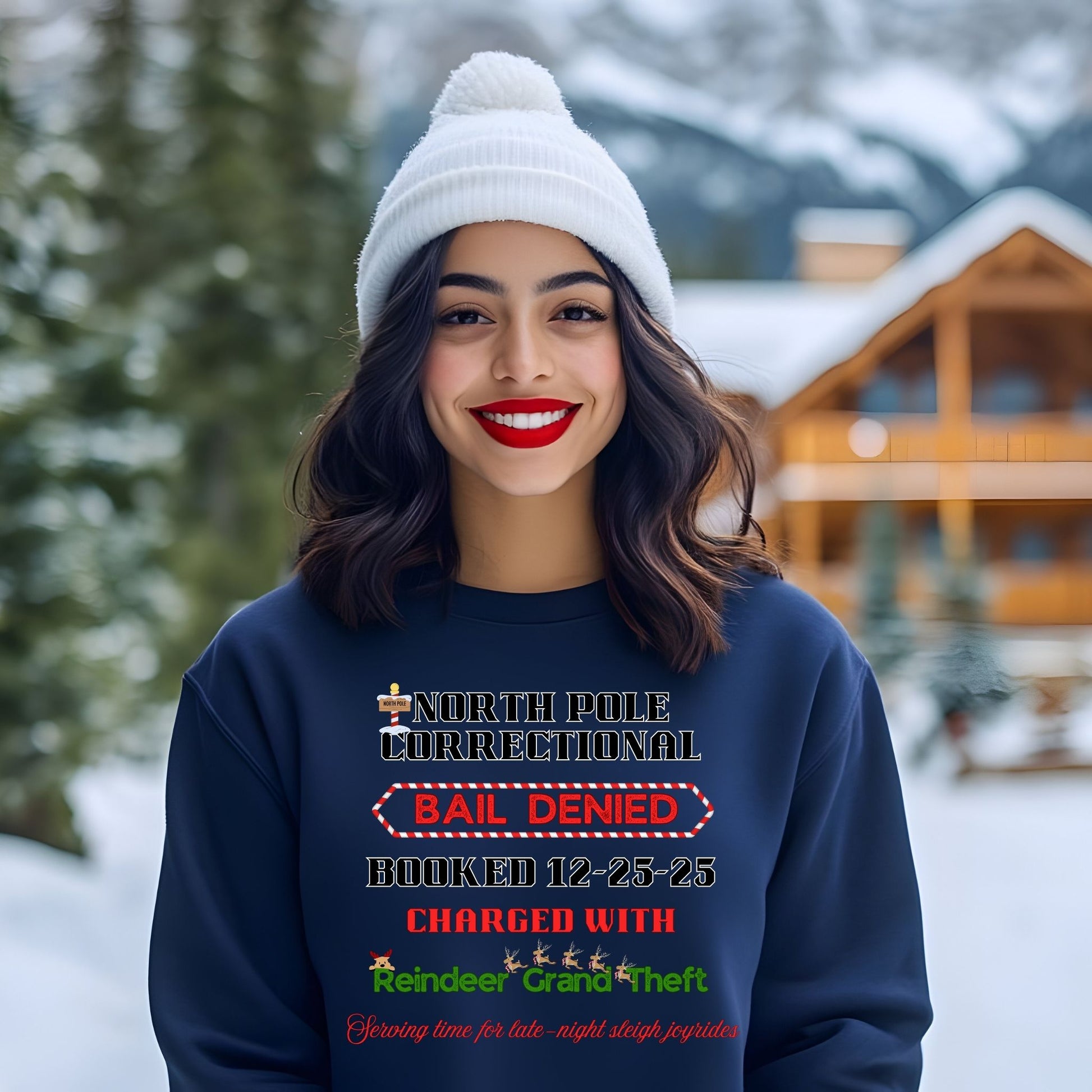 North Pole Correctional Crewneck Sweatshirt – Funny Christmas Reindeer Theft Holiday Sweater - Designs By Dice