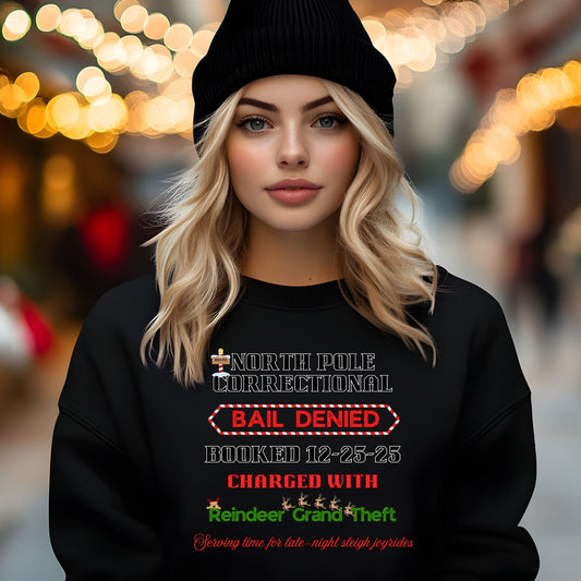 North Pole Correctional Crewneck Sweatshirt – Funny Christmas Reindeer Theft Holiday Sweater - Designs By Dice