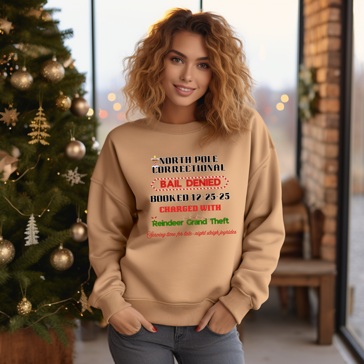 North Pole Correctional Crewneck Sweatshirt – Funny Christmas Reindeer Theft Holiday Sweater