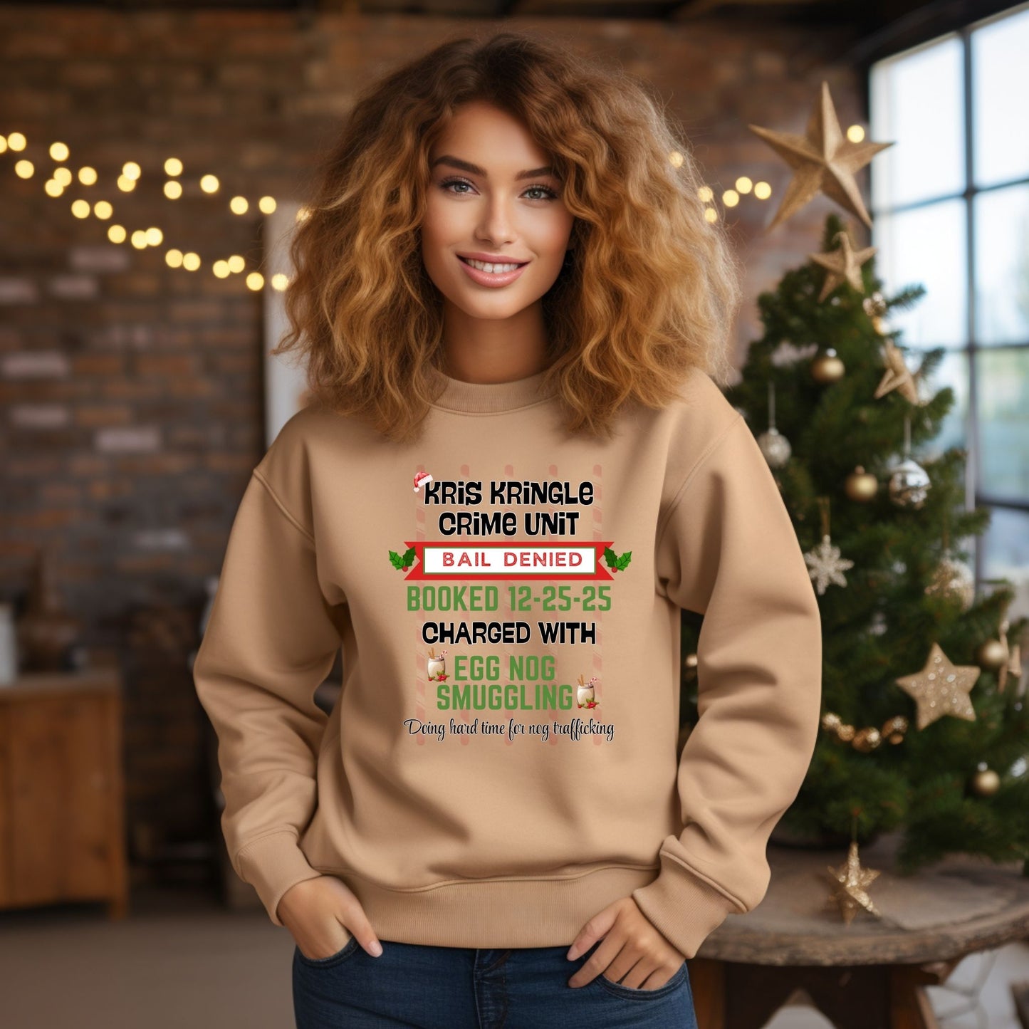 Kris Kringle Crime Unit Crewneck Sweatshirt – Funny Christmas “Egg Nog Smuggling” Holiday Sweater