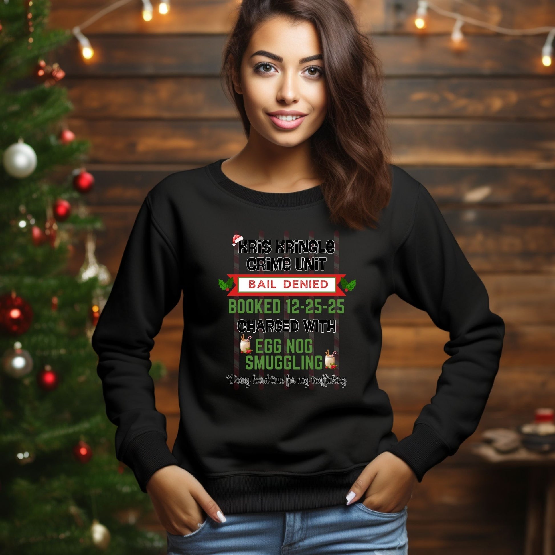 Kris Kringle Crime Unit Crewneck Sweatshirt – Funny Christmas “Egg Nog Smuggling” Holiday Sweater - Designs By Dice