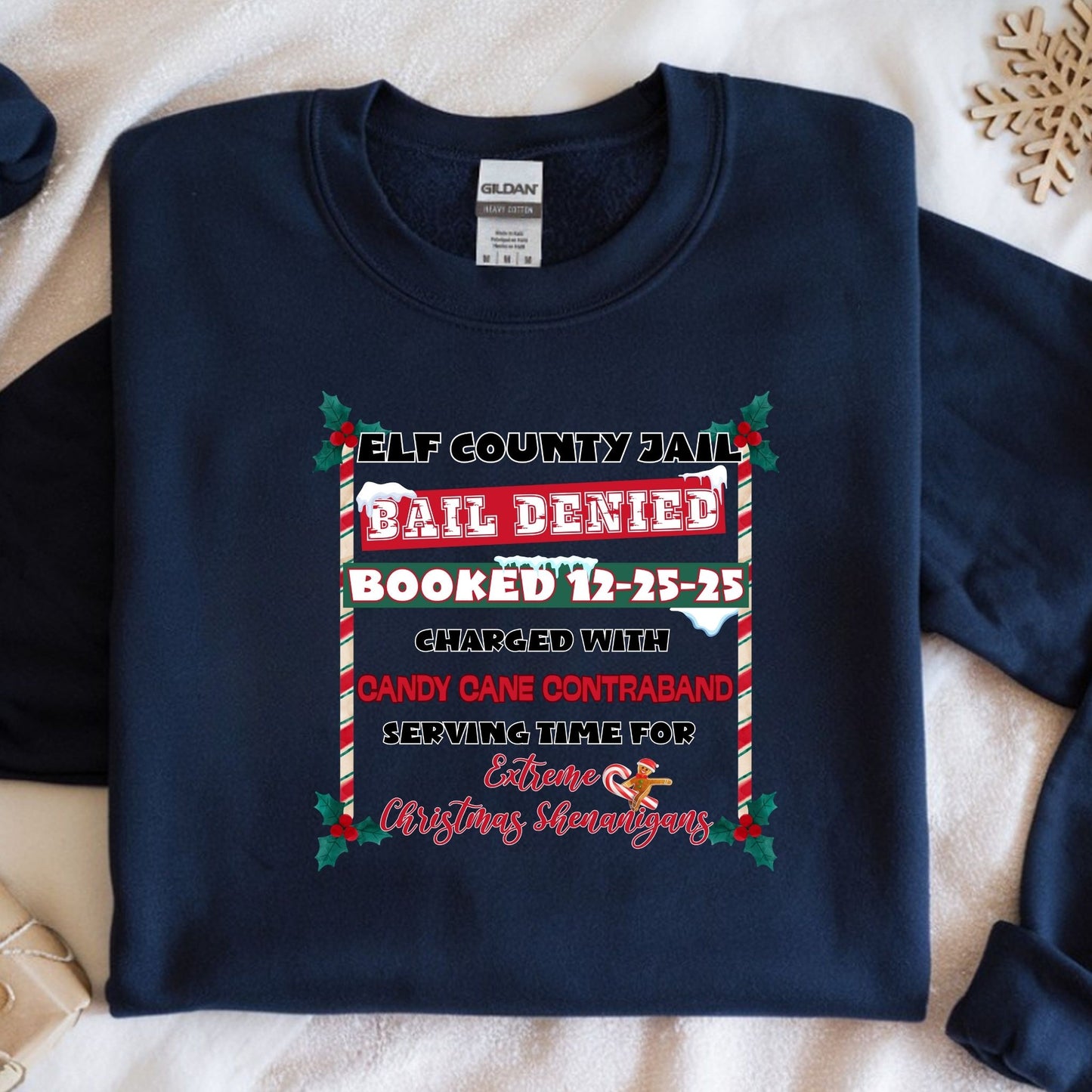 Elf County Jail Crewneck Sweatshirt – Funny Christmas “Candy Cane Contraband” Holiday Sweater