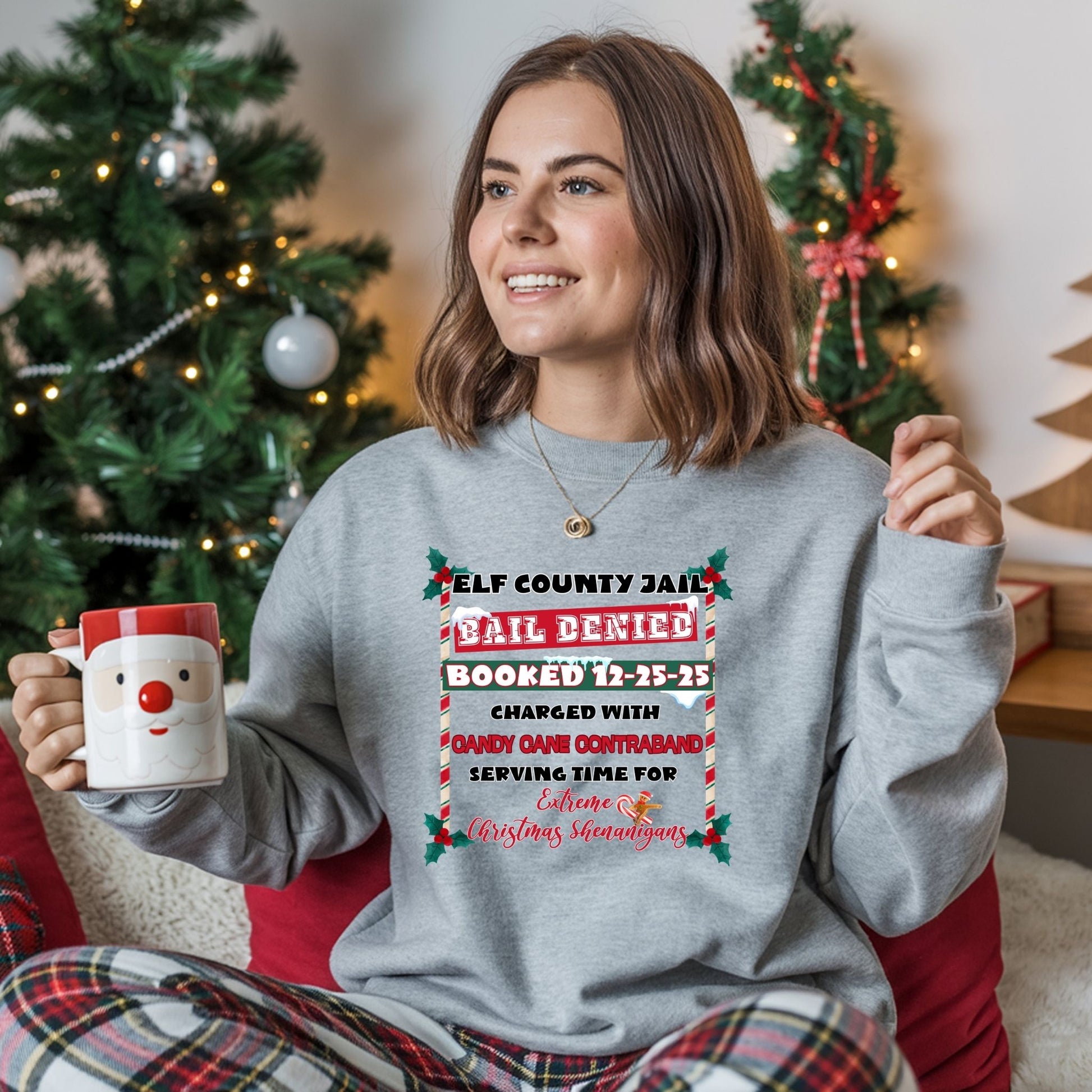 Elf County Jail Crewneck Sweatshirt – Funny Christmas “Candy Cane Contraband” Holiday Sweater - Designs By Dice
