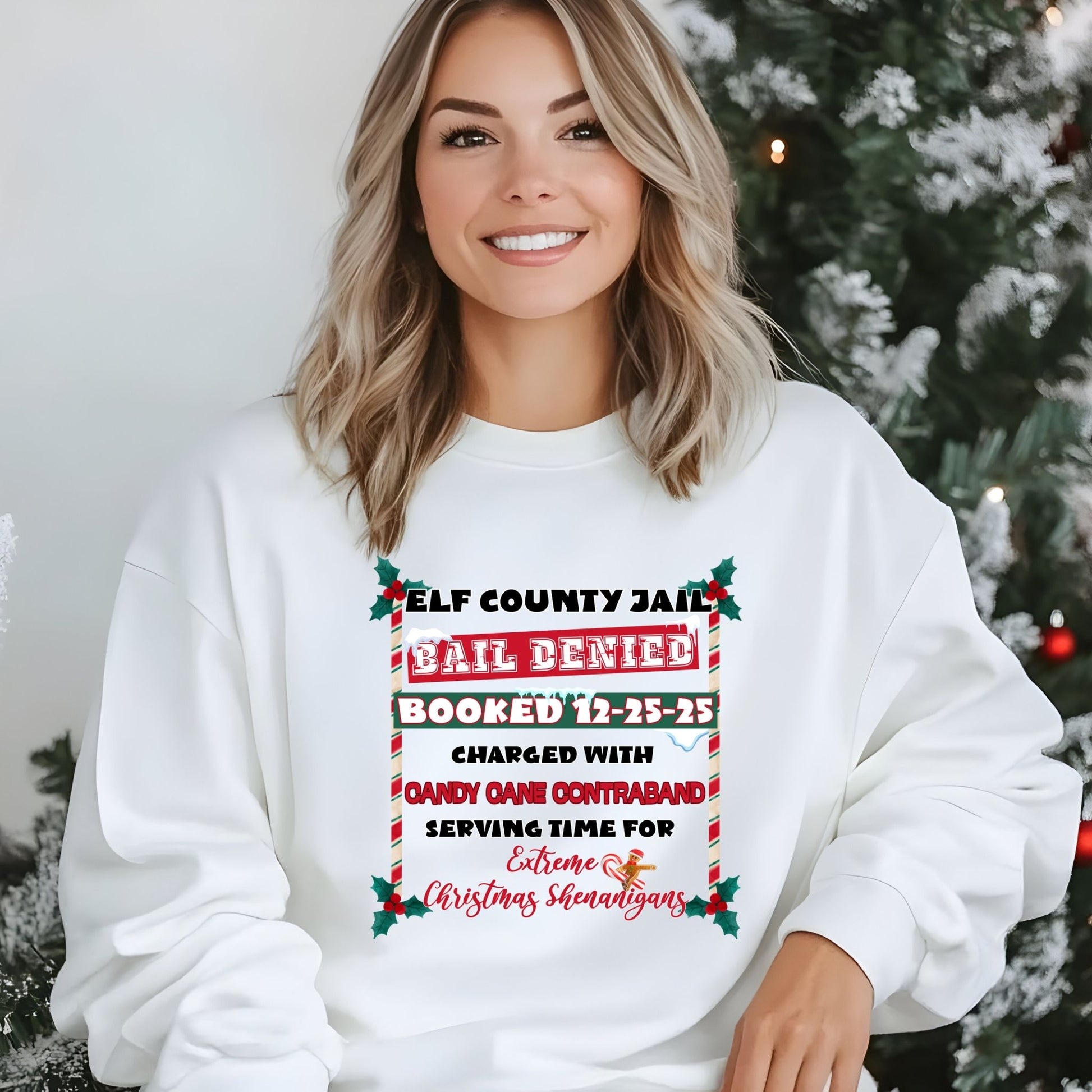 Elf County Jail Crewneck Sweatshirt – Funny Christmas “Candy Cane Contraband” Holiday Sweater - Designs By Dice
