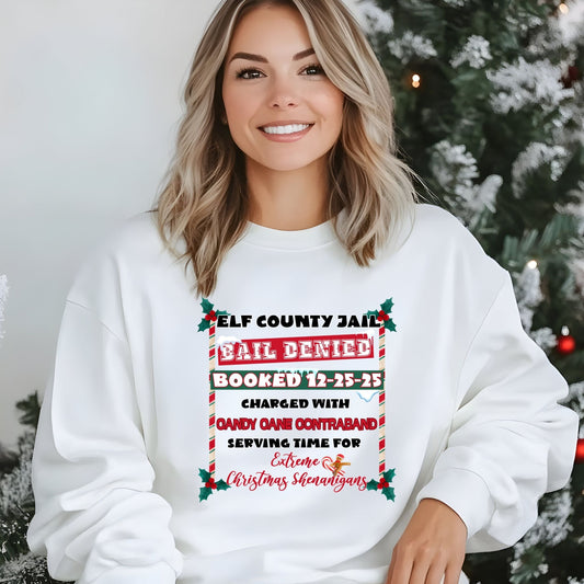 Elf County Jail Crewneck Sweatshirt – Funny Christmas “Candy Cane Contraband” Holiday Sweater