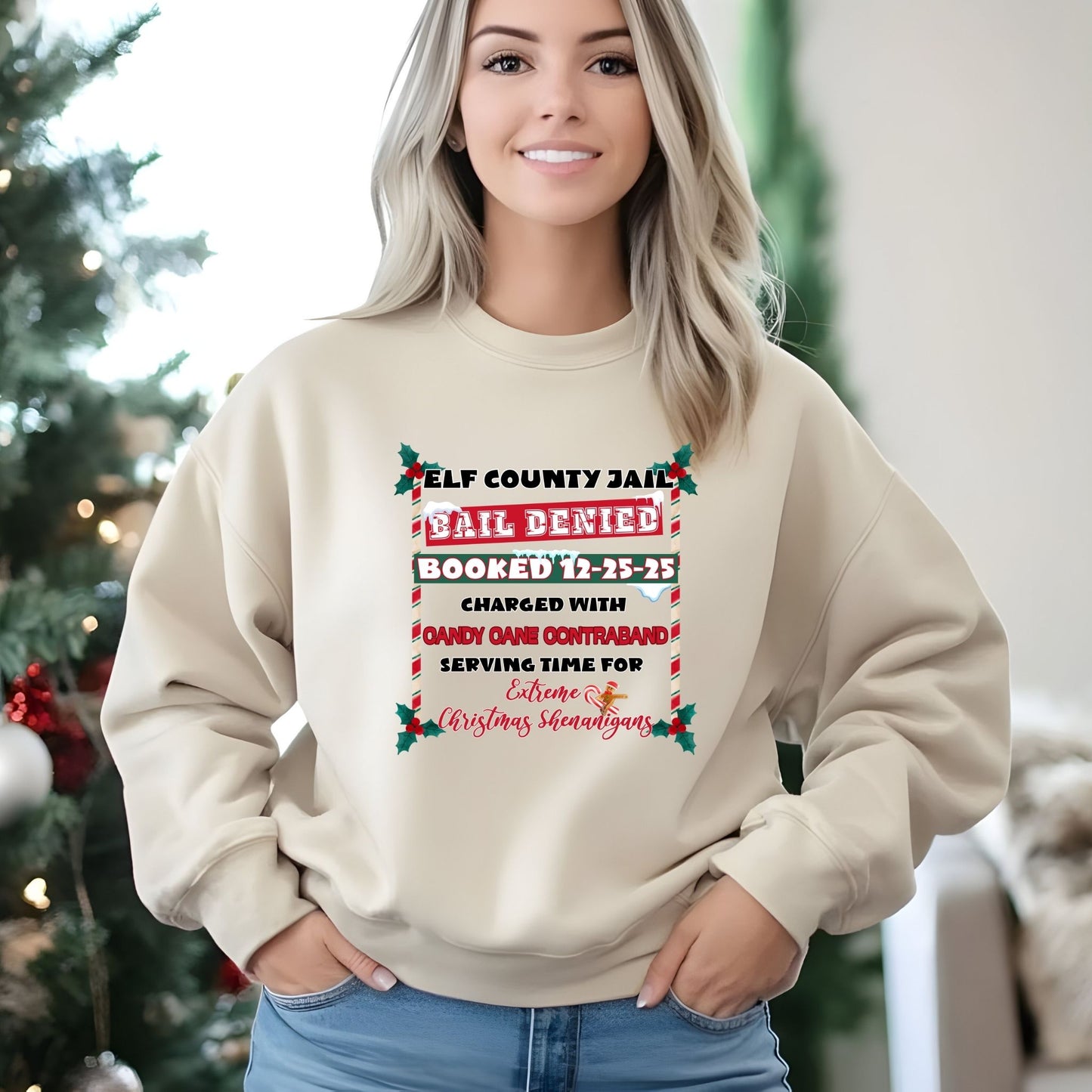 Elf County Jail Crewneck Sweatshirt – Funny Christmas “Candy Cane Contraband” Holiday Sweater