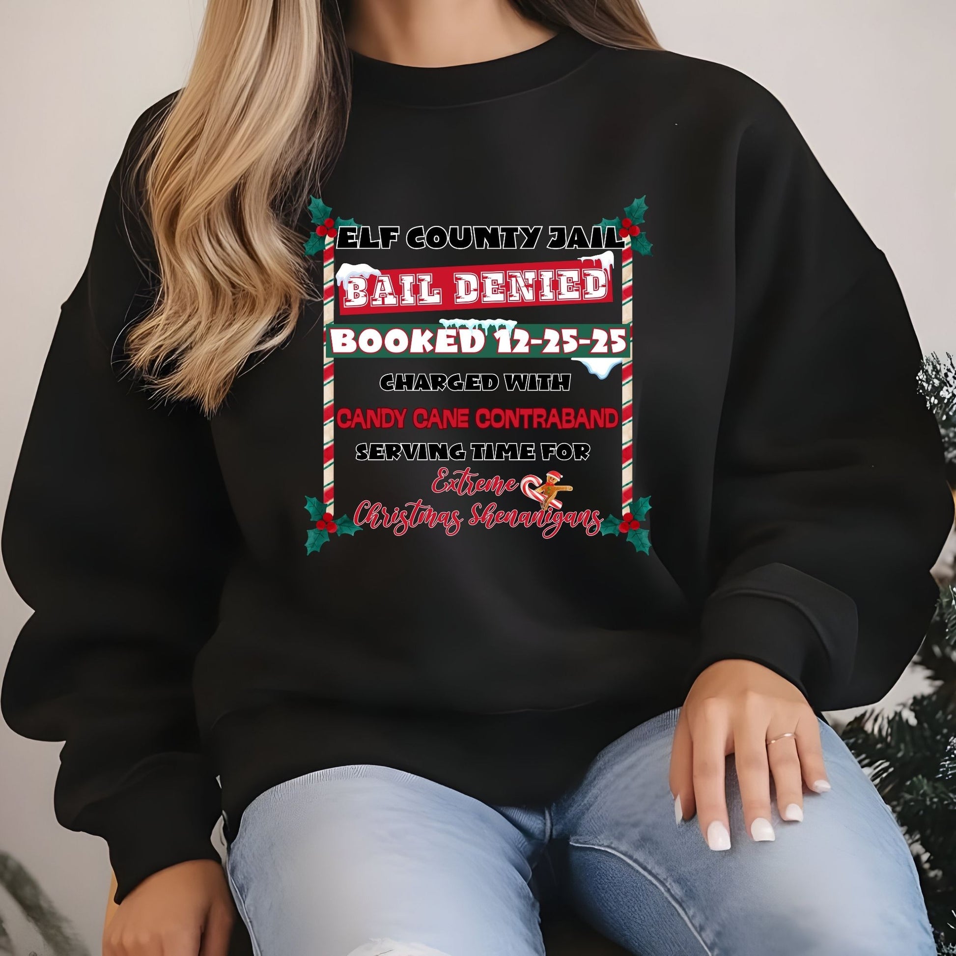 Elf County Jail Crewneck Sweatshirt – Funny Christmas “Candy Cane Contraband” Holiday Sweater - Designs By Dice