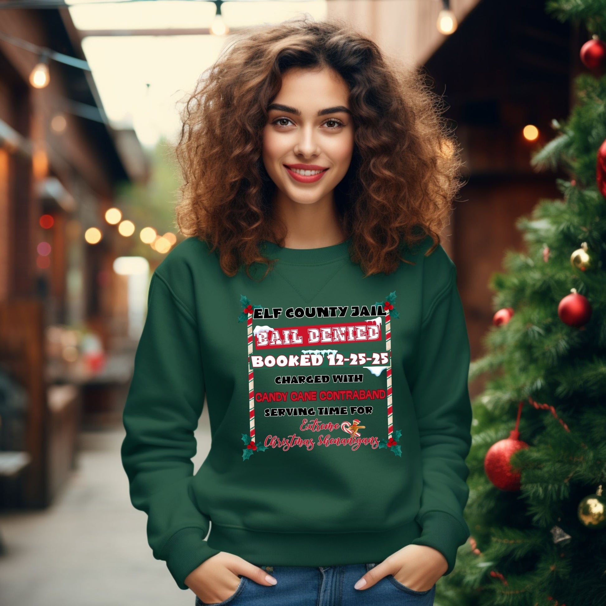 Elf County Jail Crewneck Sweatshirt – Funny Christmas “Candy Cane Contraband” Holiday Sweater - Designs By Dice