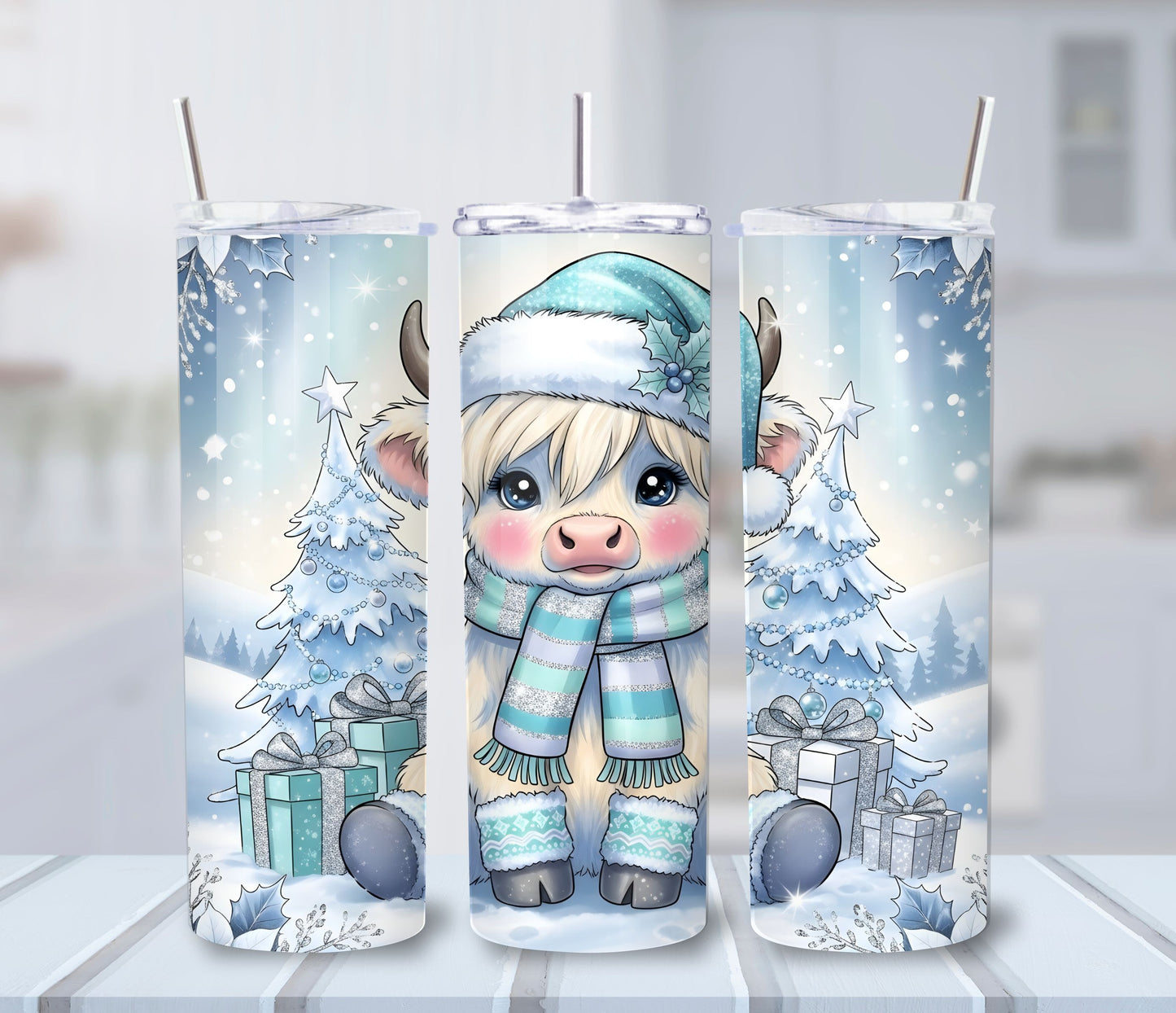 Winter Wonderland Highland Cow Tumbler – 20oz Stainless Steel Christmas Cup with Lid & Straw