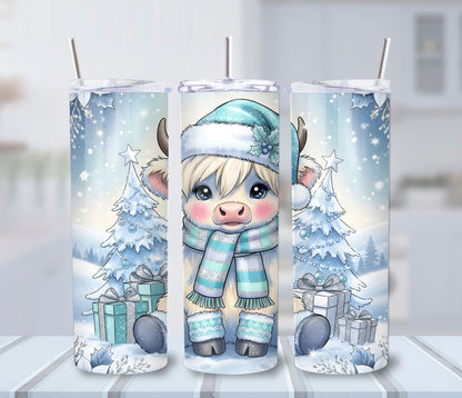 Winter Wonderland Highland Cow Tumbler – 20oz Stainless Steel Christmas Cup with Lid & Straw