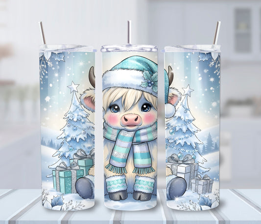 Winter Wonderland Highland Cow Tumbler – 20oz Stainless Steel Christmas Cup with Lid & Straw