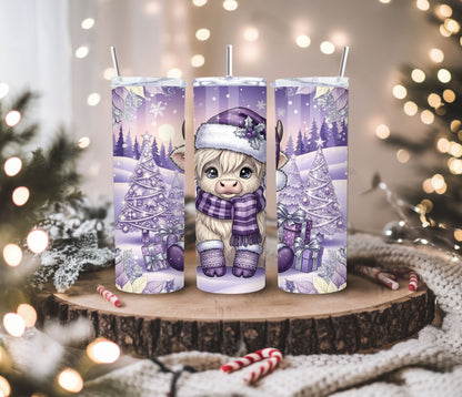 Purple Christmas Highland Cow Tumbler – 20oz Stainless Steel Winter Holiday Cup with Lid & Straw