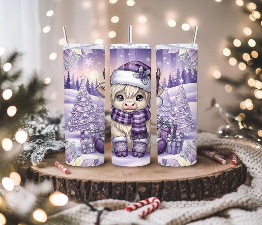 Purple Christmas Highland Cow Tumbler – 20oz Stainless Steel Winter Holiday Cup with Lid & Straw