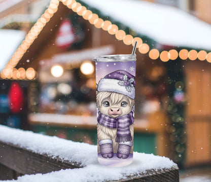Purple Christmas Highland Cow Tumbler – 20oz Stainless Steel Winter Holiday Cup with Lid & Straw
