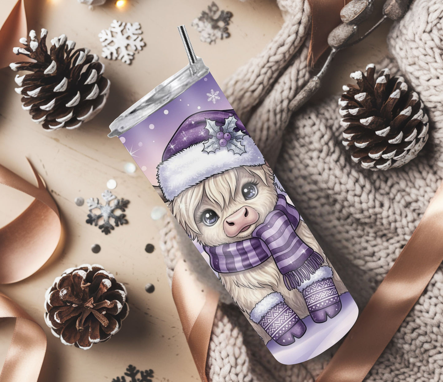 Purple Christmas Highland Cow Tumbler – 20oz Stainless Steel Winter Holiday Cup with Lid & Straw