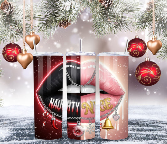 Naughty or Nice Christmas Lips Tumbler – 20oz Stainless Steel Holiday Cup with Lid & Straw