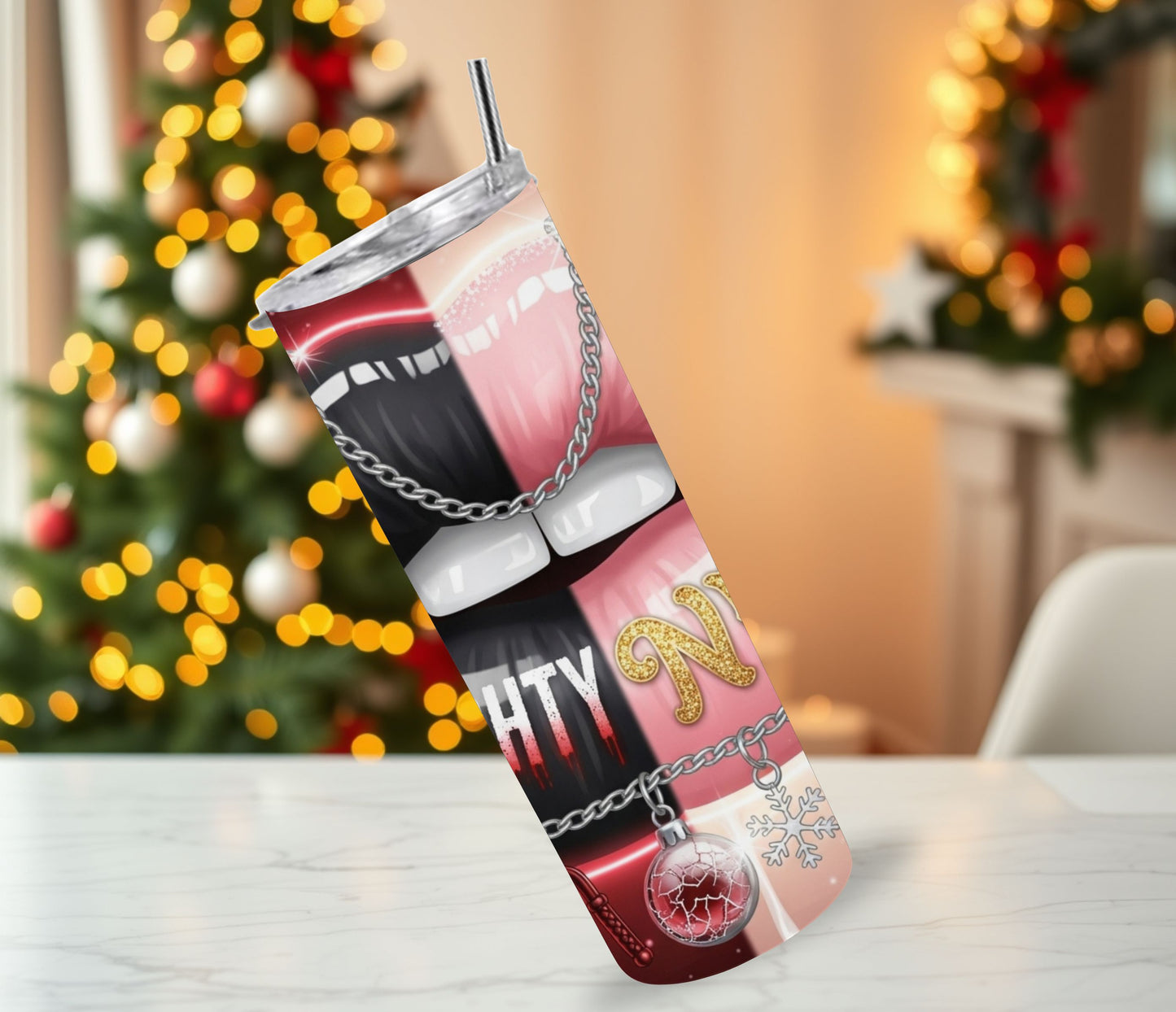 Naughty or Nice Christmas Lips Tumbler – 20oz Stainless Steel Holiday Cup with Lid & Straw