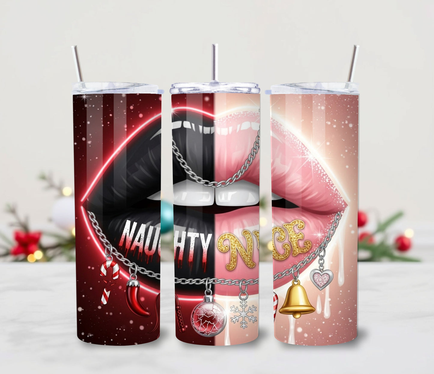 Naughty or Nice Christmas Lips Tumbler – 20oz Stainless Steel Holiday Cup with Lid & Straw