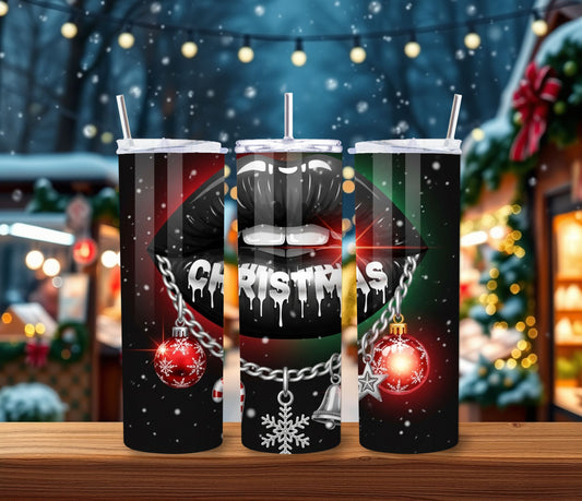 Black Christmas Lips Tumbler – 20oz Stainless Steel Holiday Cup with Lid & Straw