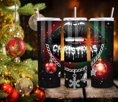 Black Christmas Lips Tumbler – 20oz Stainless Steel Holiday Cup with Lid & Straw