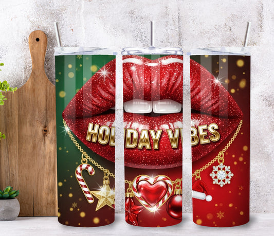 Holiday Vibes Red Lips Tumbler – 20oz Stainless Steel Christmas Cup with Lid & Straw