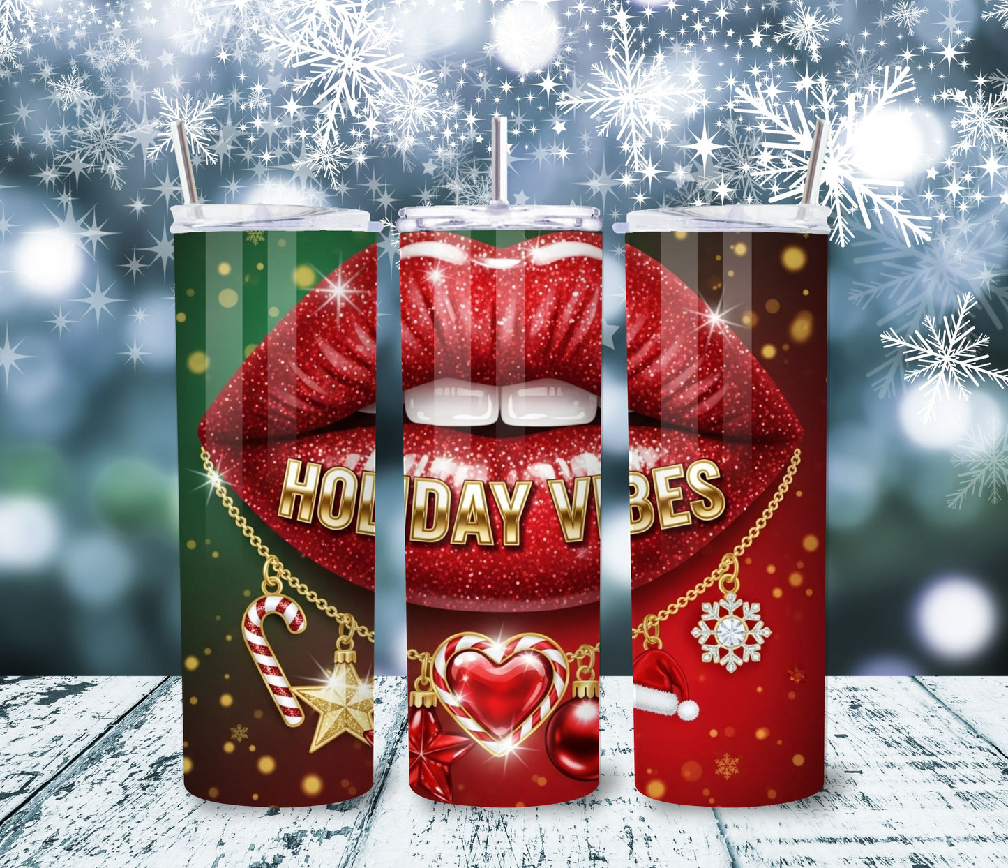 Holiday Vibes Red Lips Tumbler – 20oz Stainless Steel Christmas Cup with Lid & Straw