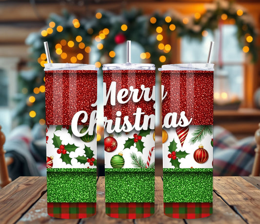 Merry Christmas Red & Green Glitter Tumbler – 20oz Stainless Steel Holiday Cup with Lid & Straw