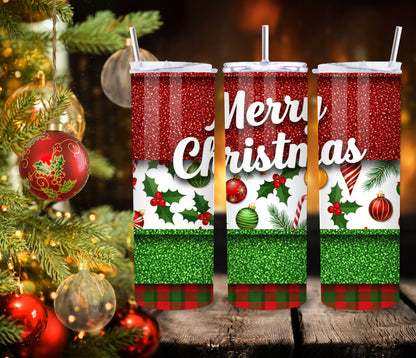 Merry Christmas Red & Green Glitter Tumbler – 20oz Stainless Steel Holiday Cup with Lid & Straw