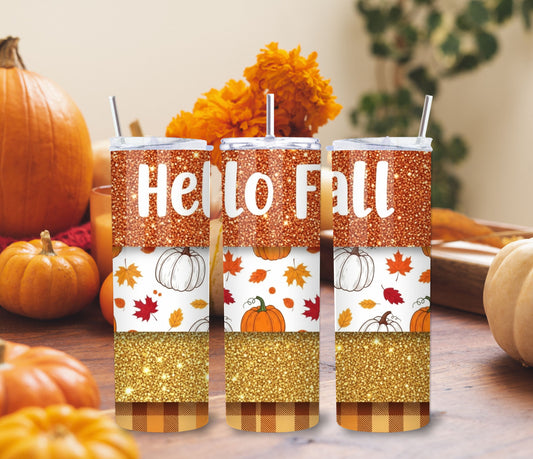 Hello Fall Pumpkin Glitter Tumbler – 20oz Stainless Steel Autumn Cup with Lid & Straw