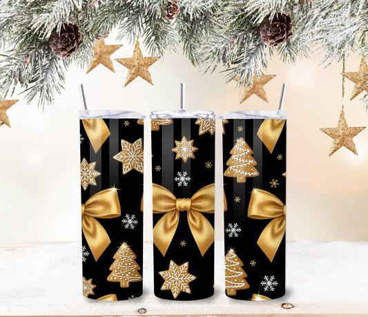 Elegant Gold Bow & Gingerbread Holiday Tumbler – 20oz Stainless Steel Christmas Cup with Lid & Straw