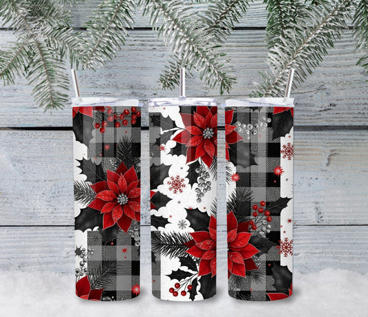 Poinsettia Plaid Christmas Tumbler – 20oz Stainless Steel Holiday Cup with Lid & Straw