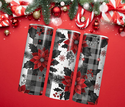 Poinsettia Plaid Christmas Tumbler – 20oz Stainless Steel Holiday Cup with Lid & Straw