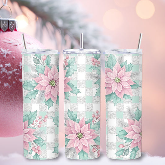 Pastel Pink Poinsettia Plaid Christmas Tumbler – 20oz Stainless Steel Holiday Cup with Lid & Straw