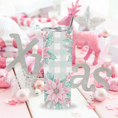 Pastel Pink Poinsettia Plaid Christmas Tumbler – 20oz Stainless Steel Holiday Cup with Lid & Straw