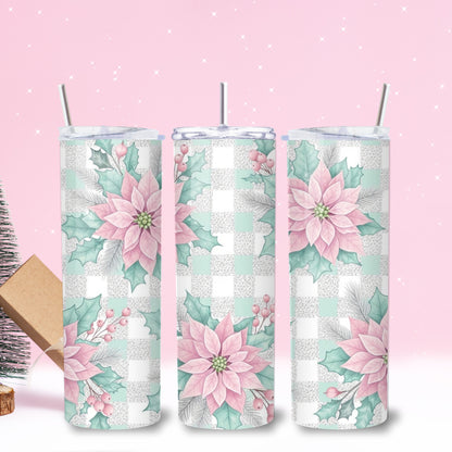 Pastel Pink Poinsettia Plaid Christmas Tumbler – 20oz Stainless Steel Holiday Cup with Lid & Straw