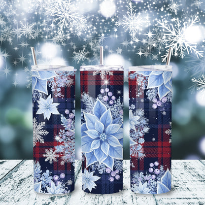 Blue Poinsettia & Red Plaid Christmas Tumbler – 20oz Stainless Steel Holiday Cup with Lid & Straw